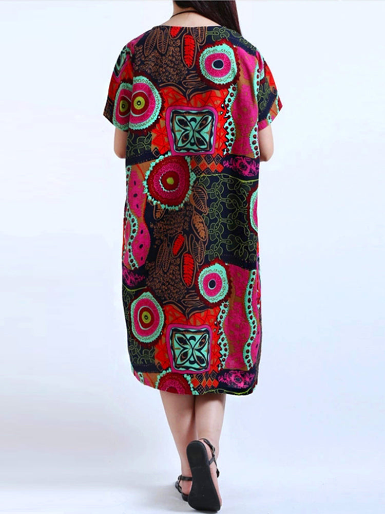 Cotton Women Pattern Printed Short Sleeve O-Neck Dresses Mini Dresses - Tophatter Daily Deals