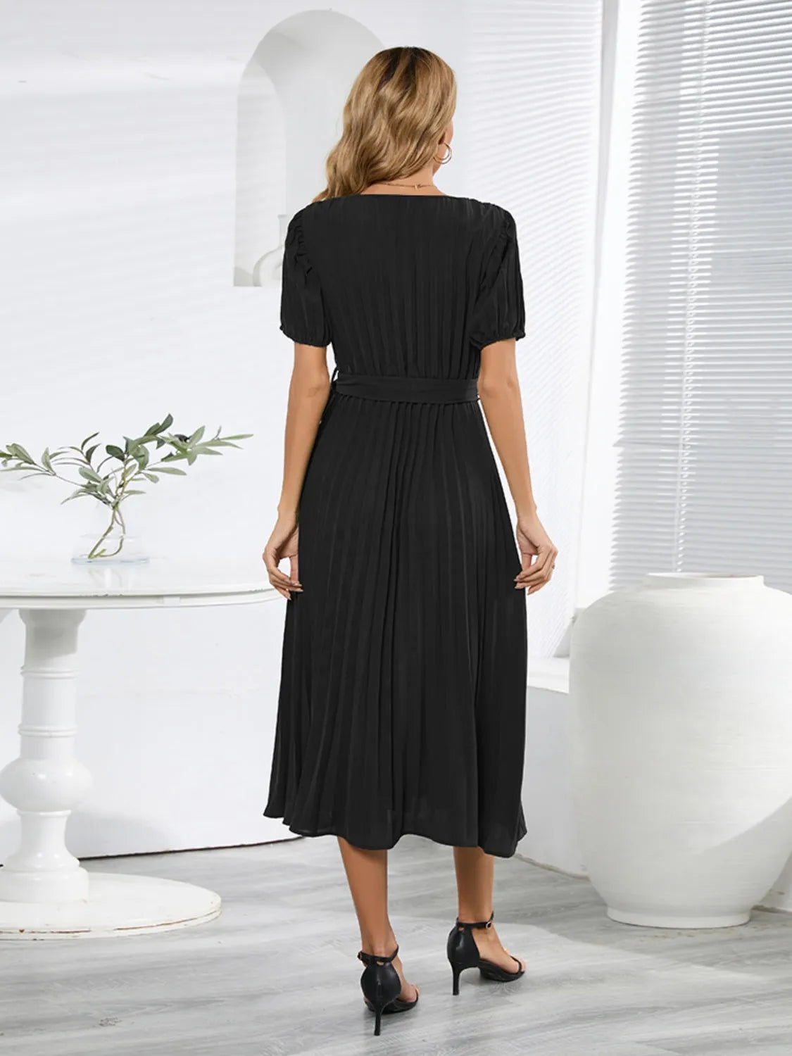 Pleated Surplice Tie Waist Midi Dress Casual Dresses - Tophatter Daily Deals