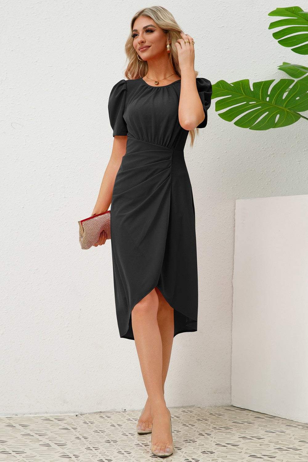 Slit Ruched Round Neck Puff Sleeve Dress Casual Dresses - Tophatter Daily Deals