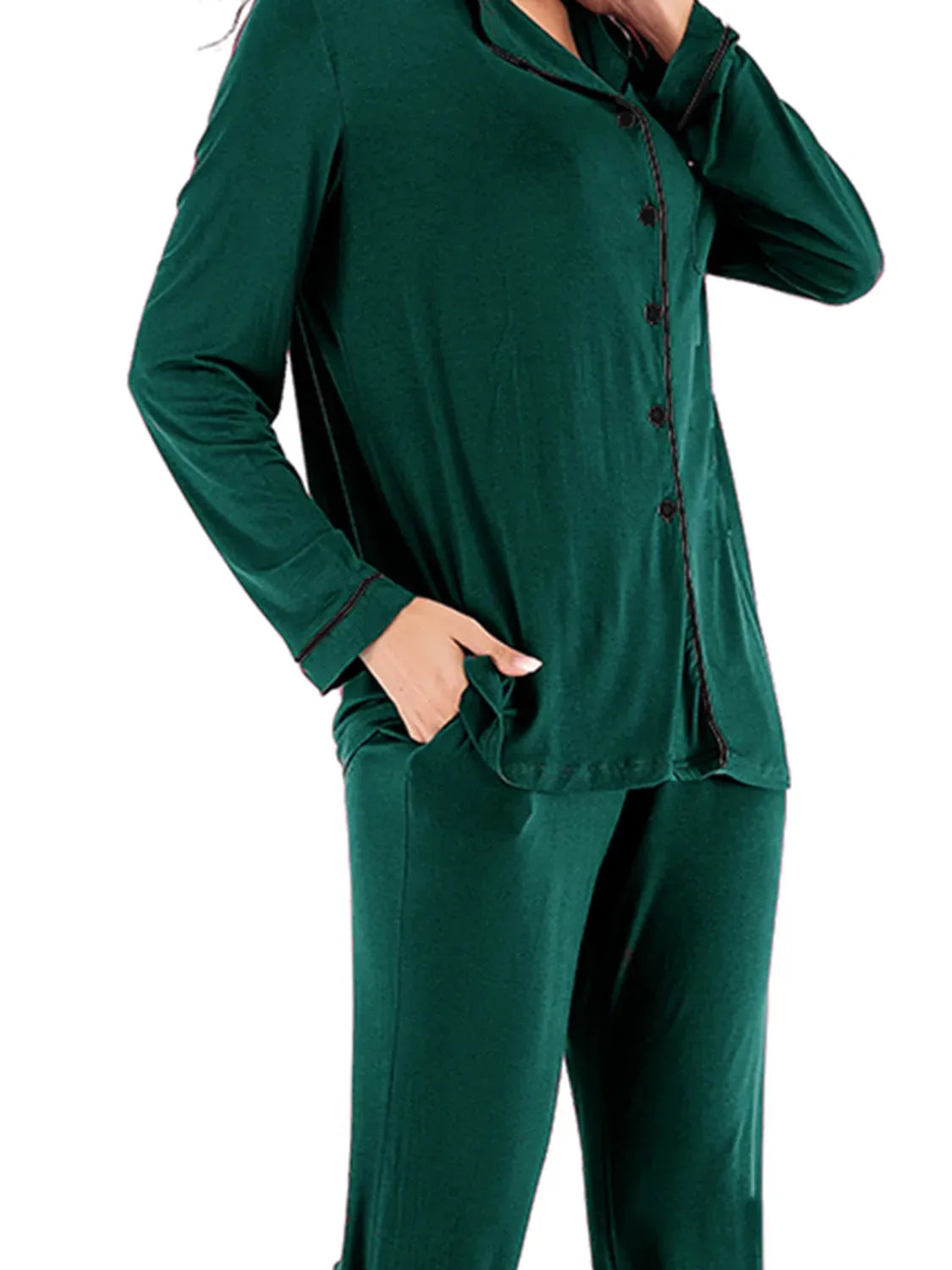 Collared Neck Long Sleeve Loungewear Set with Pockets Loungewear Sets - Tophatter Daily Deals