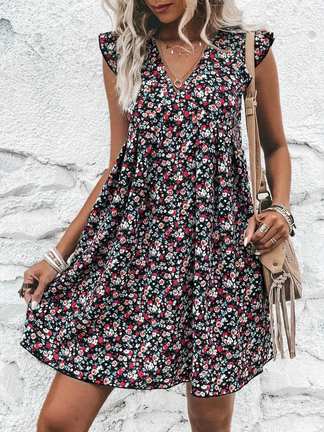 Printed V-Neck Cap Sleeve Mini Dress Casual Dresses - Tophatter Daily Deals