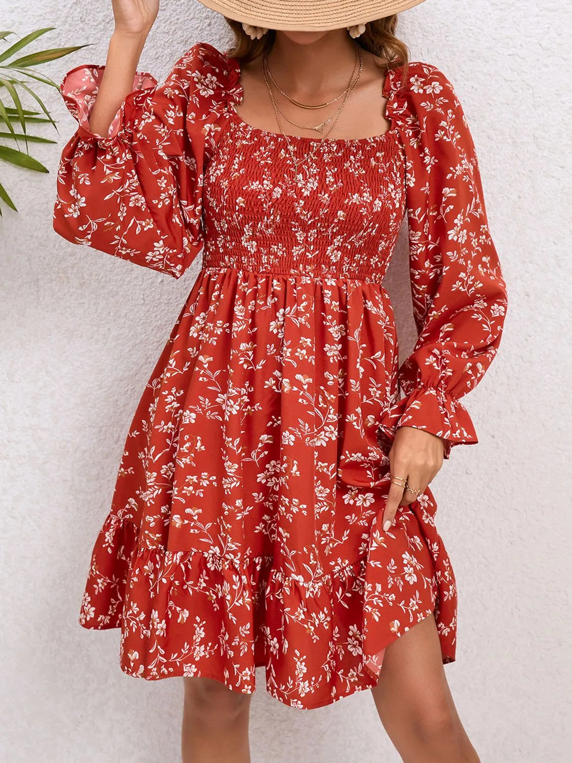 Floral Smocked Square Neck Dress Floral Casual Dresses - Tophatter Daily Deals