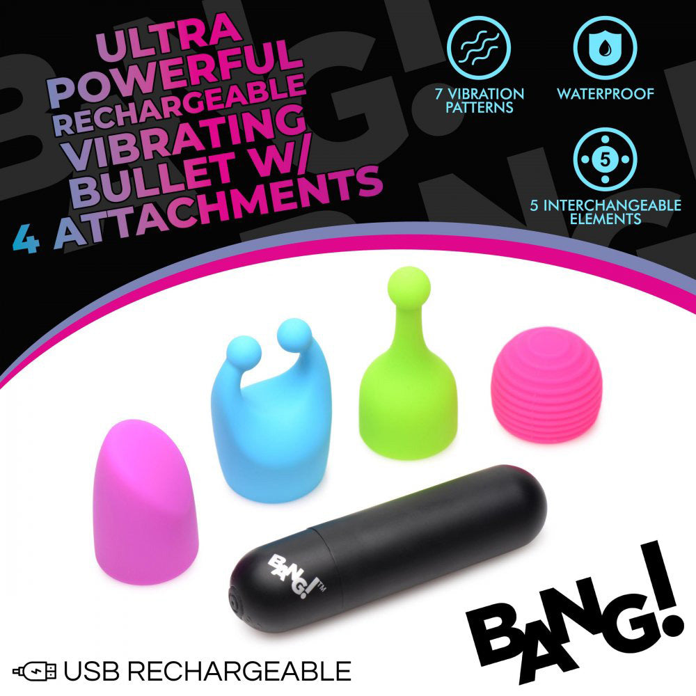Bang! Bullet Vibrator with 4 Glow-in-the-Dark Attachments, Waterproof Silicone, 7 Vibration Patterns > Vibrators > Mini Vibrators - Tophatter Daily Deals