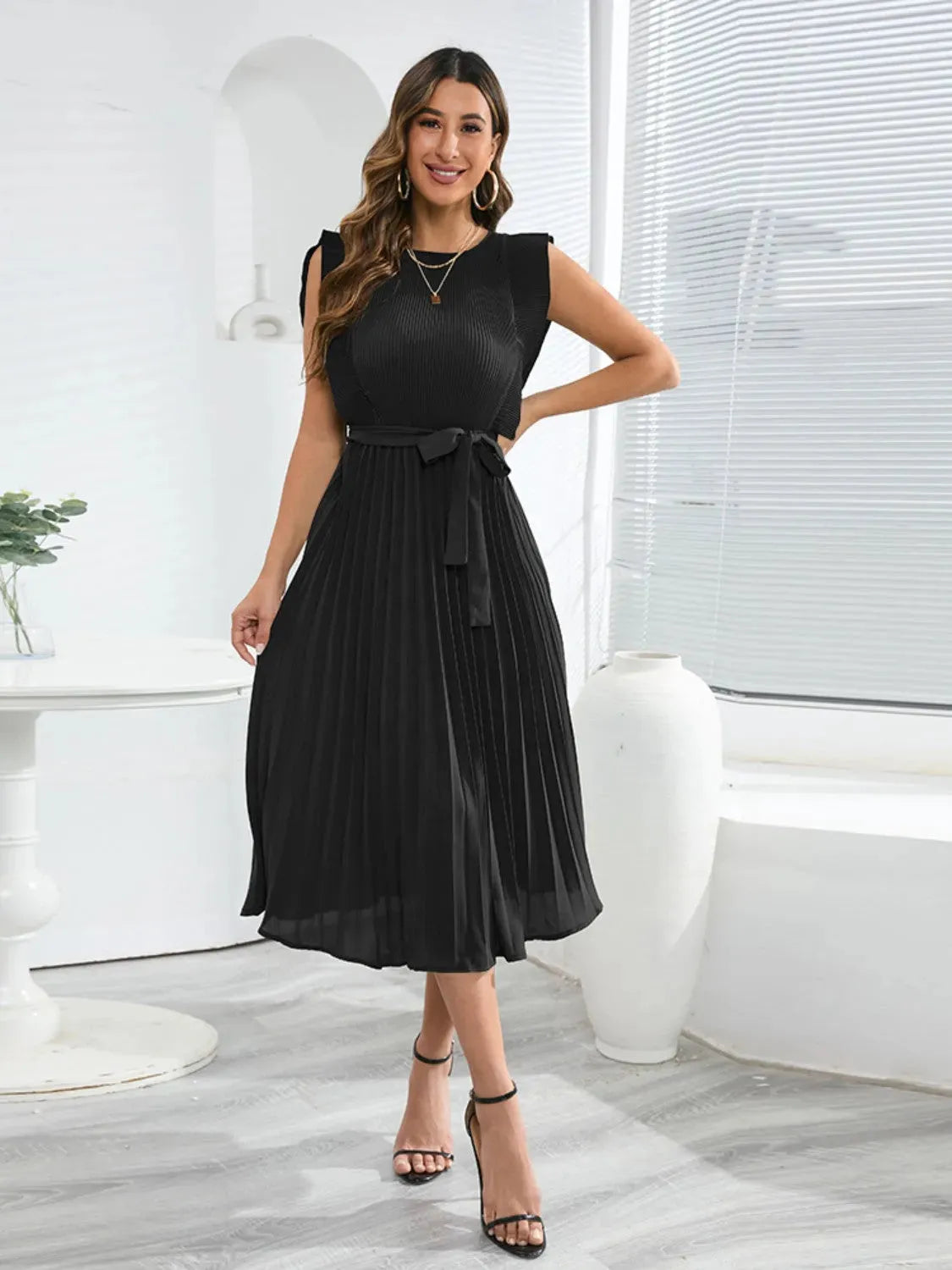 Tied Round Neck Pleated Midi Dress Casual Dresses - Tophatter Daily Deals