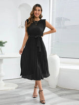 Tied Round Neck Pleated Midi Dress Black Casual Dresses - Tophatter Daily Deals