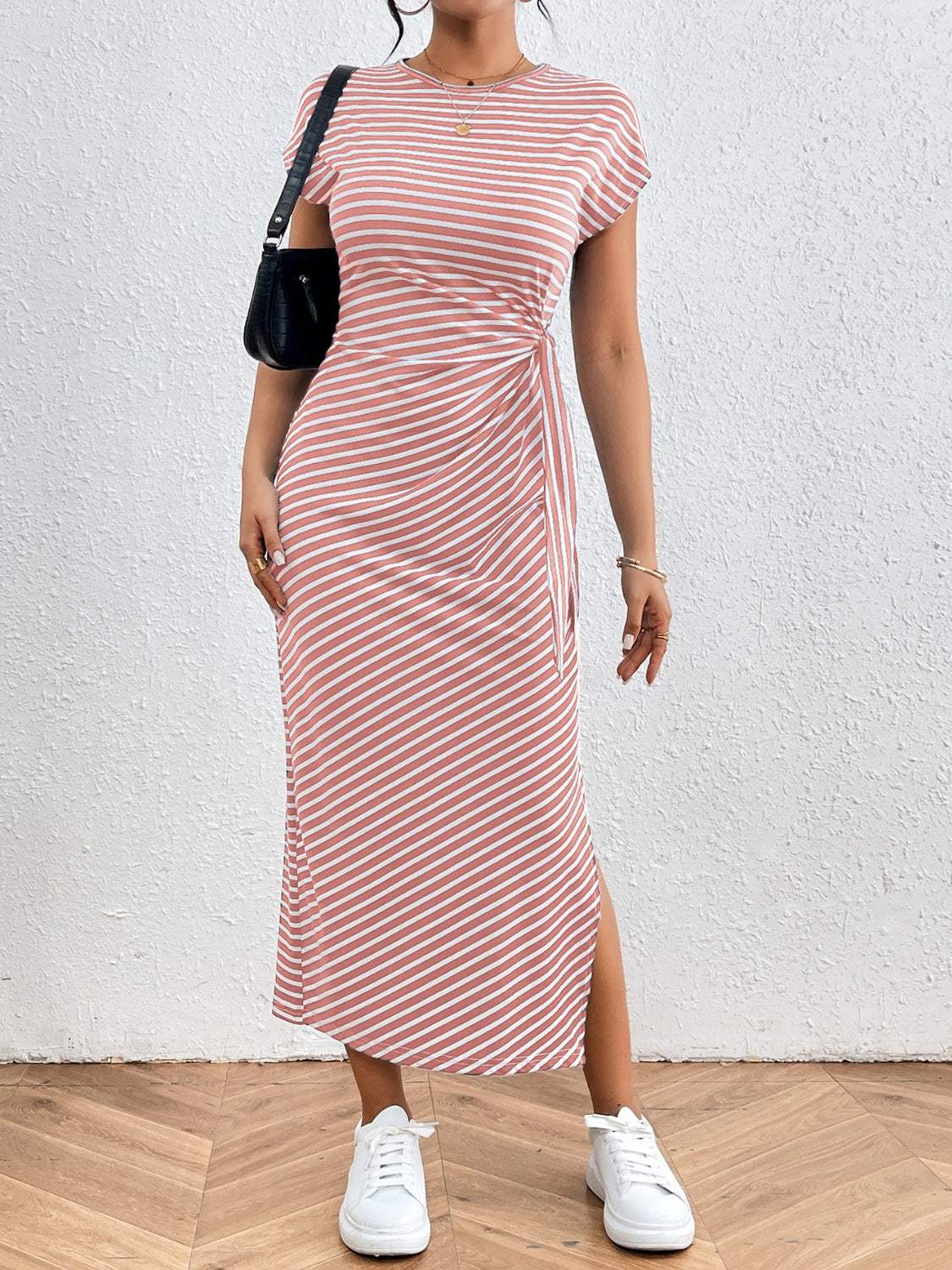 Tied Striped Round Neck Short Sleeve Tee Dress Casual Dresses - Tophatter Daily Deals