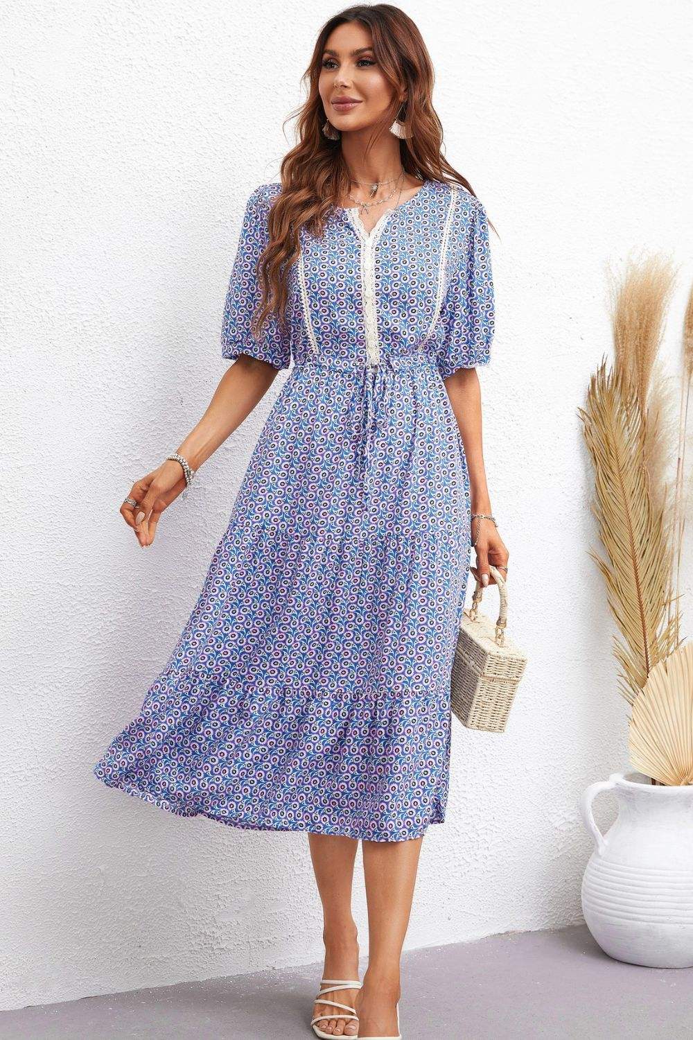 Printed Drawstring Waist Notched Neck Dress Sky Blue Casual Dresses - Tophatter Daily Deals