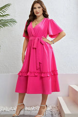 Belted Frill Trim Flutter Sleeve Dress Casual Dresses - Tophatter Daily Deals