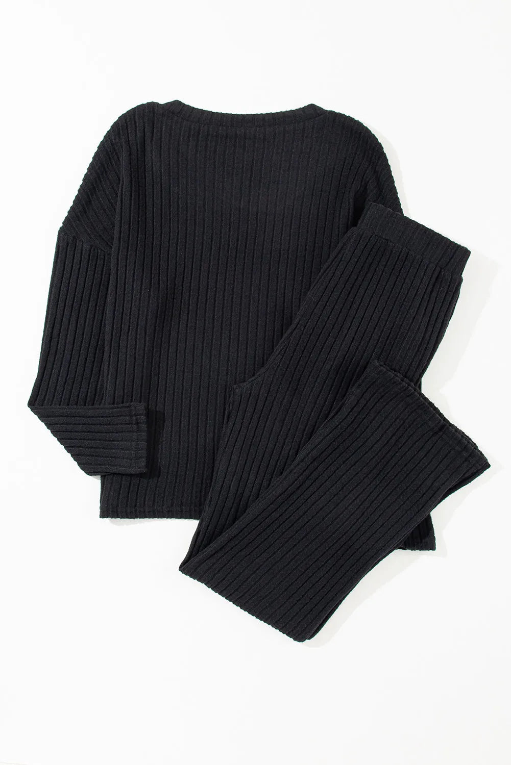 Black Ribbed Knit V Neck Slouchy Two-piece Outfit Loungewear & Sleepwear/Loungewear - Tophatter Daily Deals