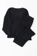 Black Ribbed Knit V Neck Slouchy Two-piece Outfit Loungewear & Sleepwear/Loungewear - Tophatter Daily Deals
