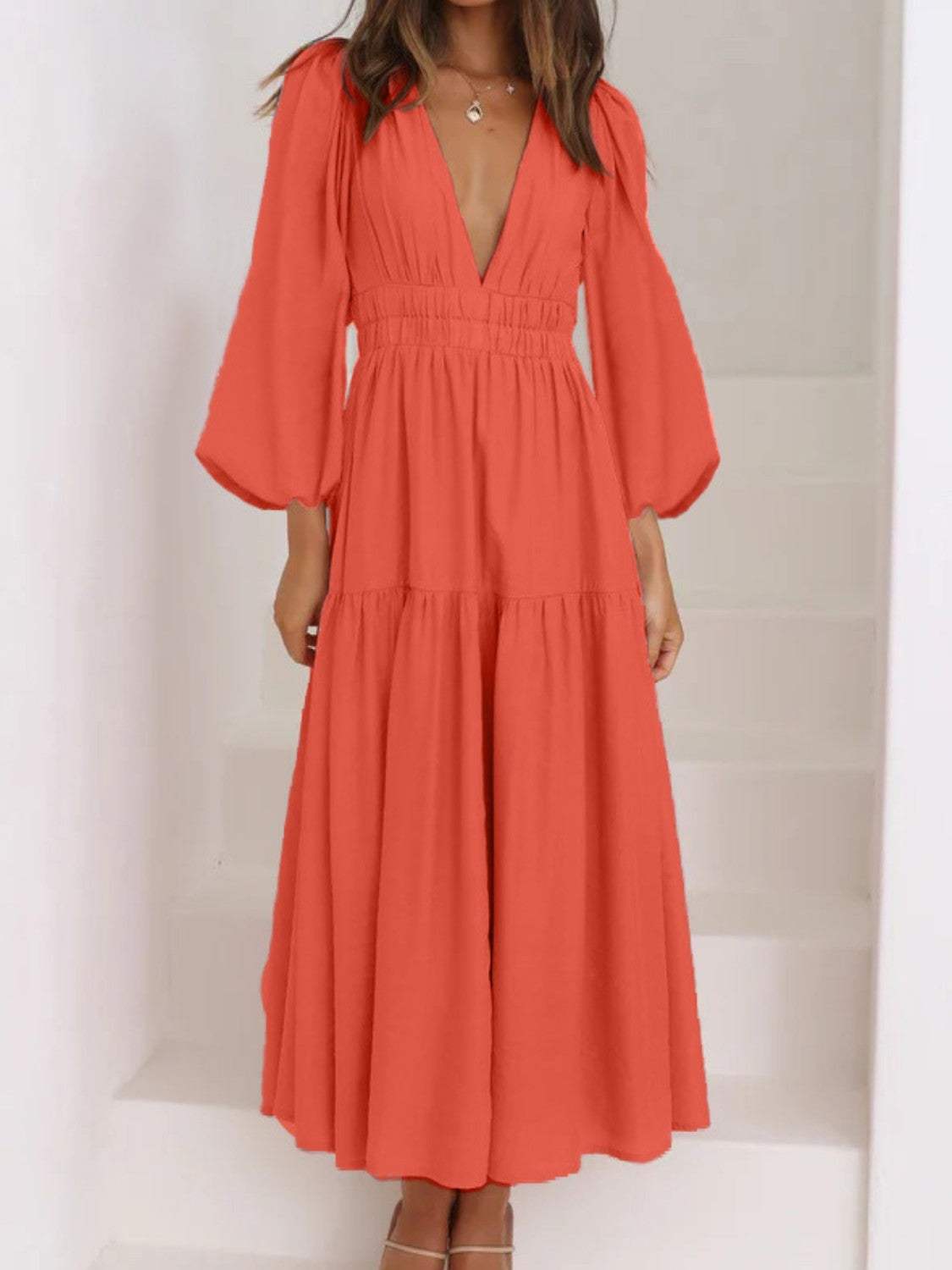 Deep V-Neck Balloon Sleeve Plain Maxi Dress Strawberry Casual Dresses - Tophatter Daily Deals