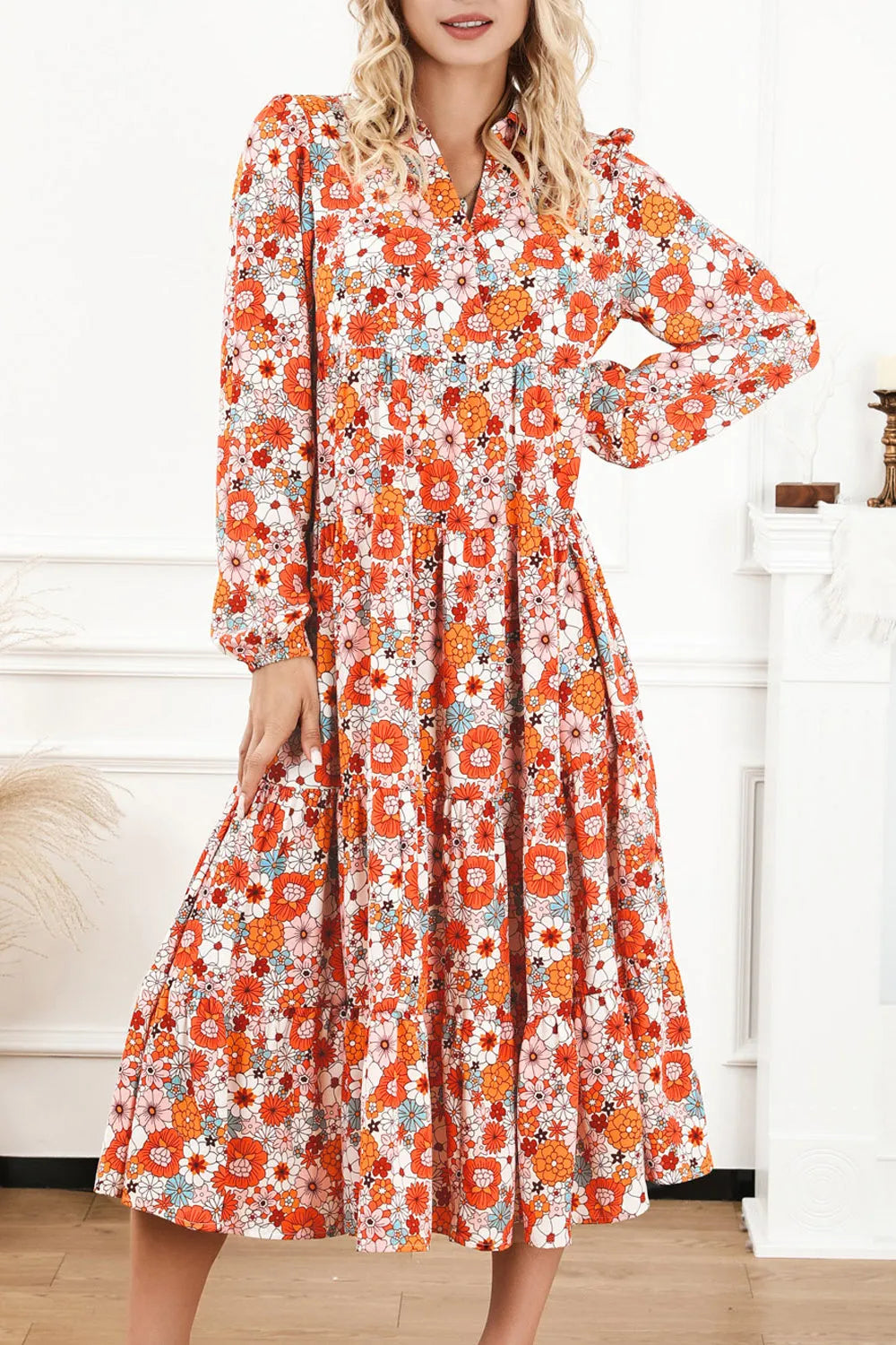 Floral Notched Neck Long Sleeve Dress Casual Dresses - Tophatter Daily Deals