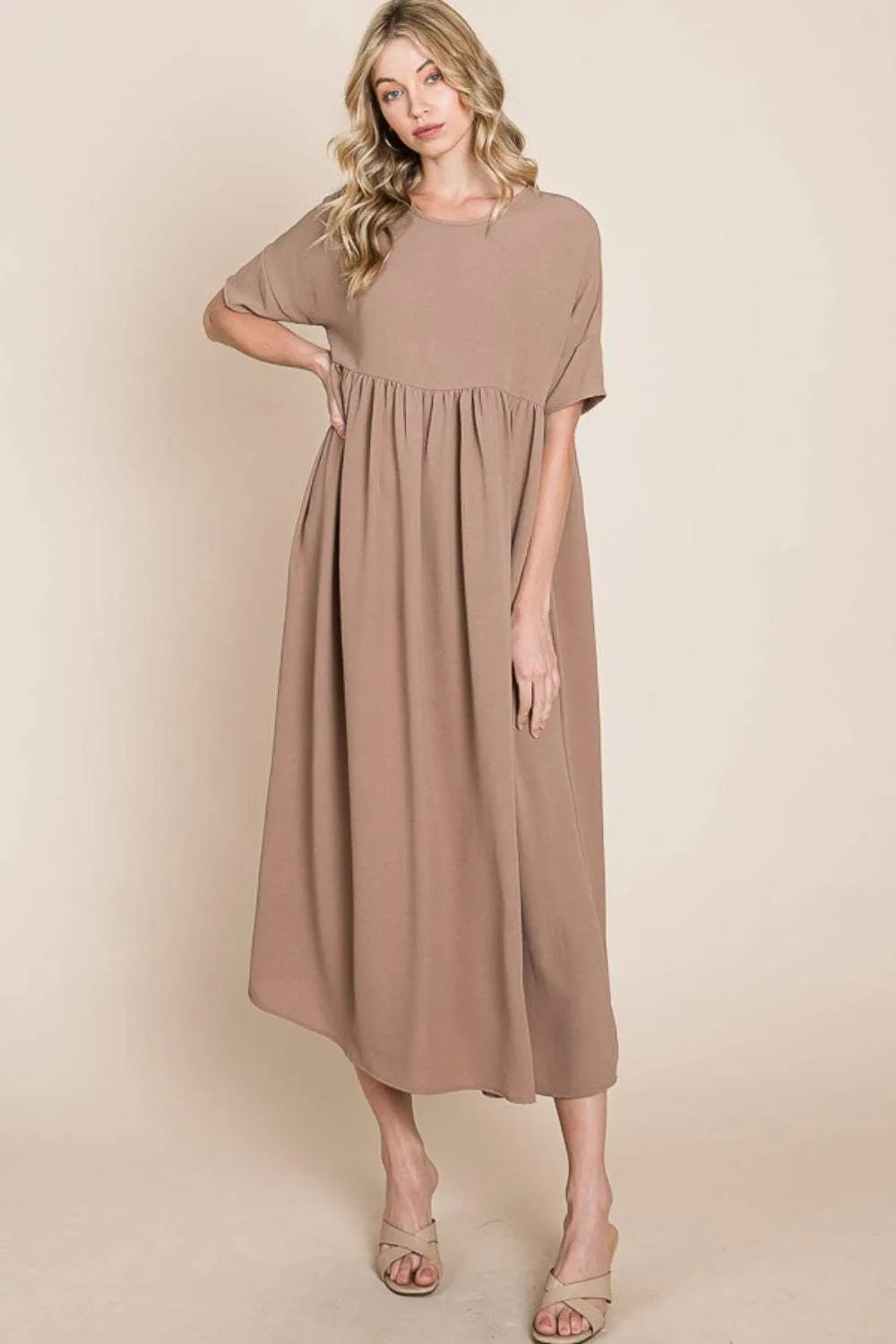 BOMBOM Round Neck Ruched Midi Dress Casual Dresses - Tophatter Daily Deals