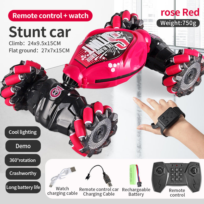 4WD RC Off Road Stunt Wheels Drift Car With Music Led Lights 2.4G Gesture Remote Control Spray 360 Rotating Climbing Car Toys Red 4 - Tophatter Daily Deals