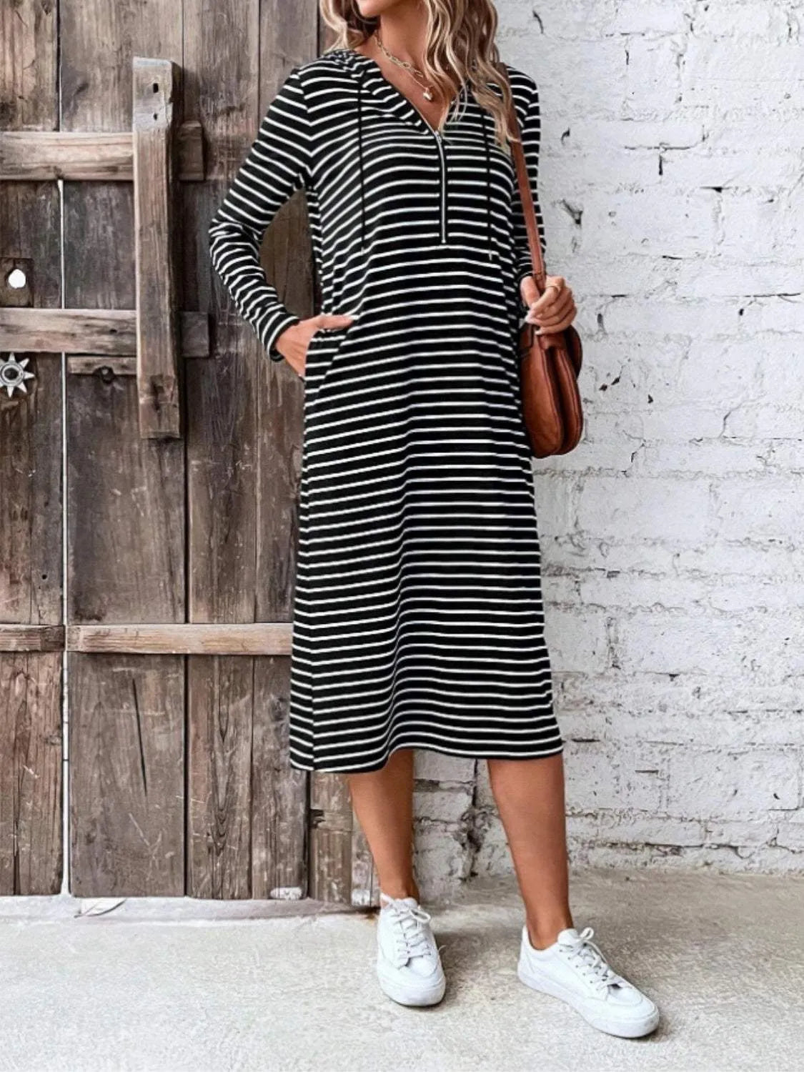 Striped Zip Front Hooded Dress Casual Dresses - Tophatter Daily Deals