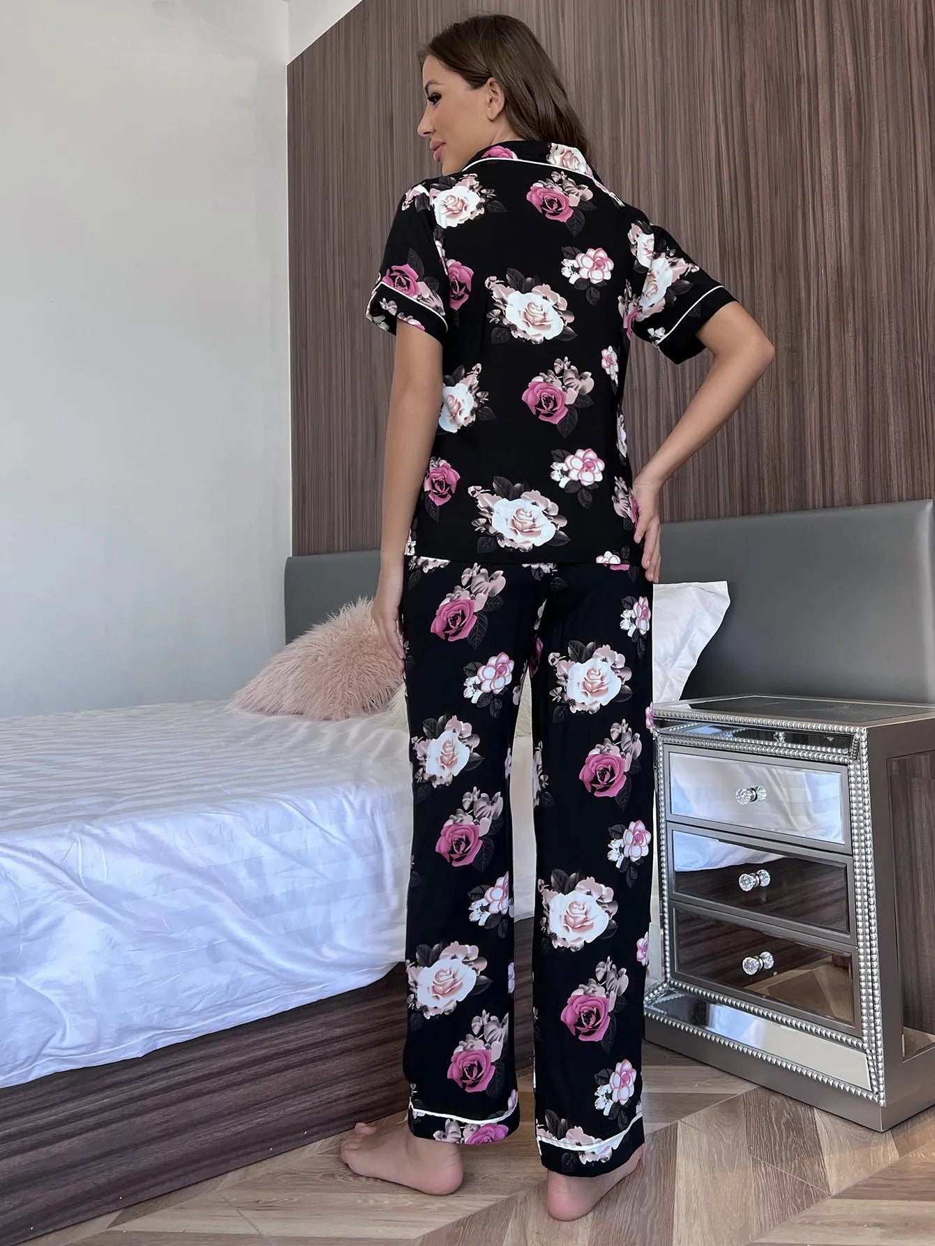 Floral Short Sleeve Shirt and Pants Lounge Set Loungewear Sets - Tophatter Daily Deals