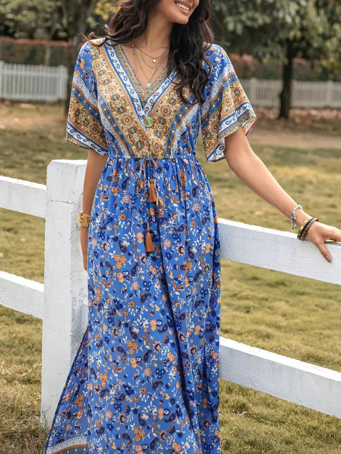 Slit Printed V-Neck Half Sleeve Maxi Dress Blue Casual Dresses - Tophatter Daily Deals