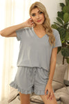 V-Neck Short Sleeve Top and Drawstring Shorts Lounge Set Loungewear Sets - Tophatter Daily Deals