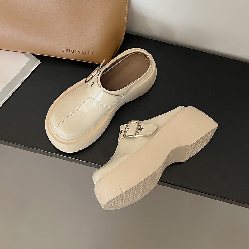 Black, Hidden Elevator Thick Bottom Toe Cap Half Slippers For Women Summer Beige 0 - Tophatter Daily Deals