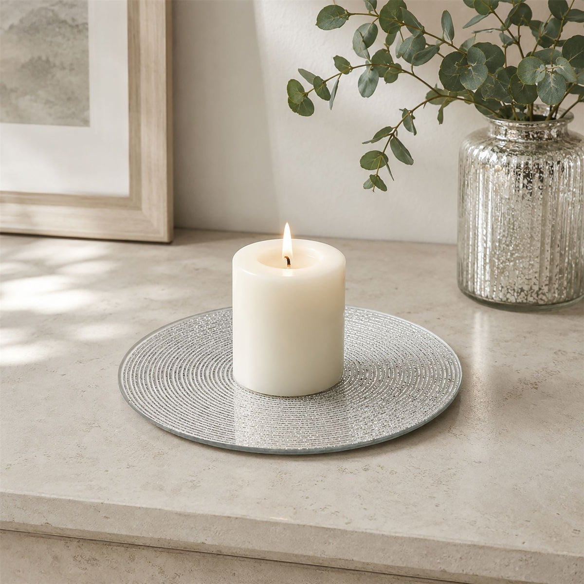 Round Silver Glitter Candle Plate, 15 cm Mirrored Glass Candle Stand Candle Plate - Tophatter Daily Deals
