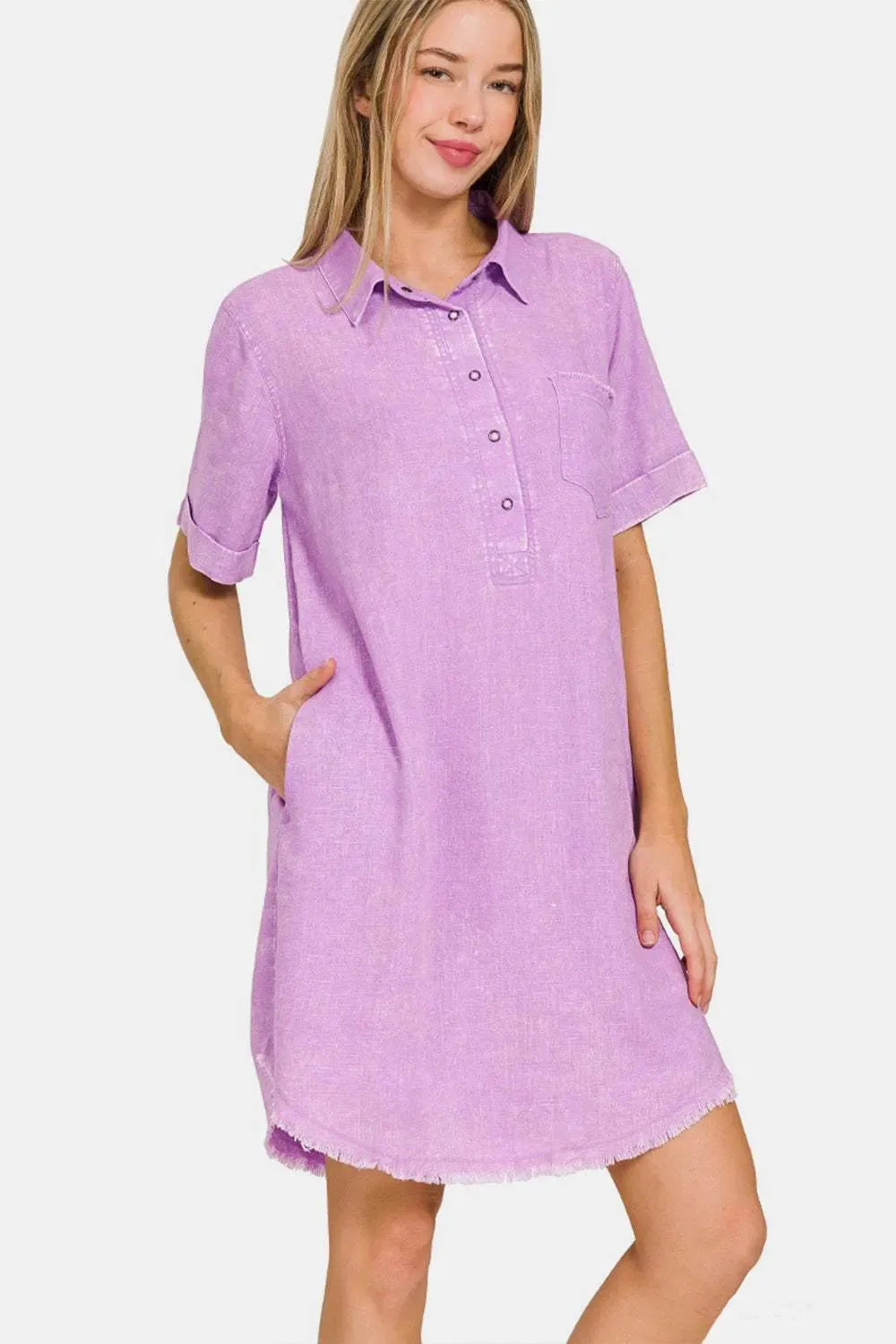 Zenana Washed Linen Raw Hem Dress with Pockets BLAVENDER Casual Dresses - Tophatter Daily Deals