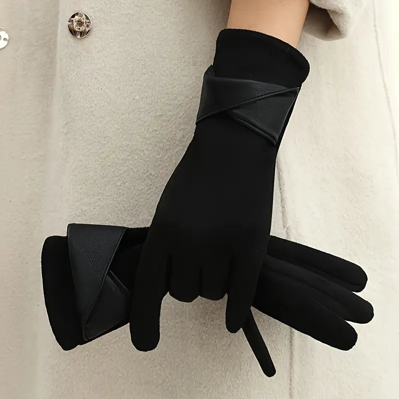 Warm Women's Winter Gloves - Faux Leather Cuff, Fleece Black One Size - Tophatter Daily Deals