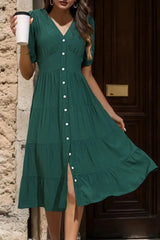 V-Neck Button Up Balloon Sleeve Midi Dress Casual Dresses - Tophatter Daily Deals