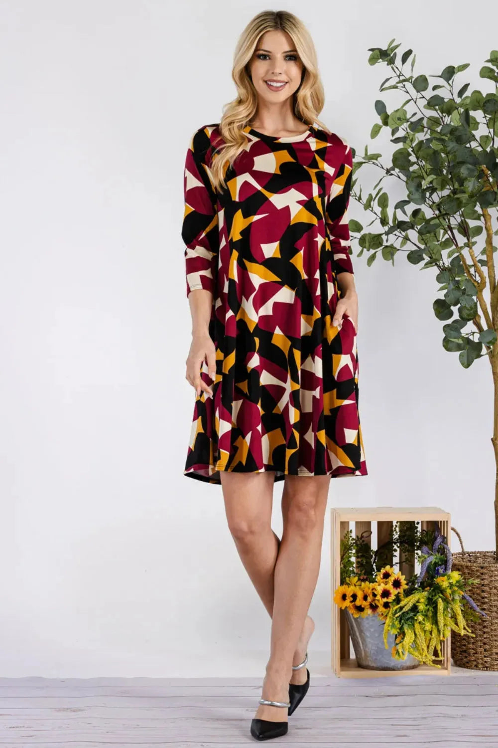 Celeste Full Size Geometric Round Neck Dress with Pockets Burgundy Casual Dresses - Tophatter Daily Deals