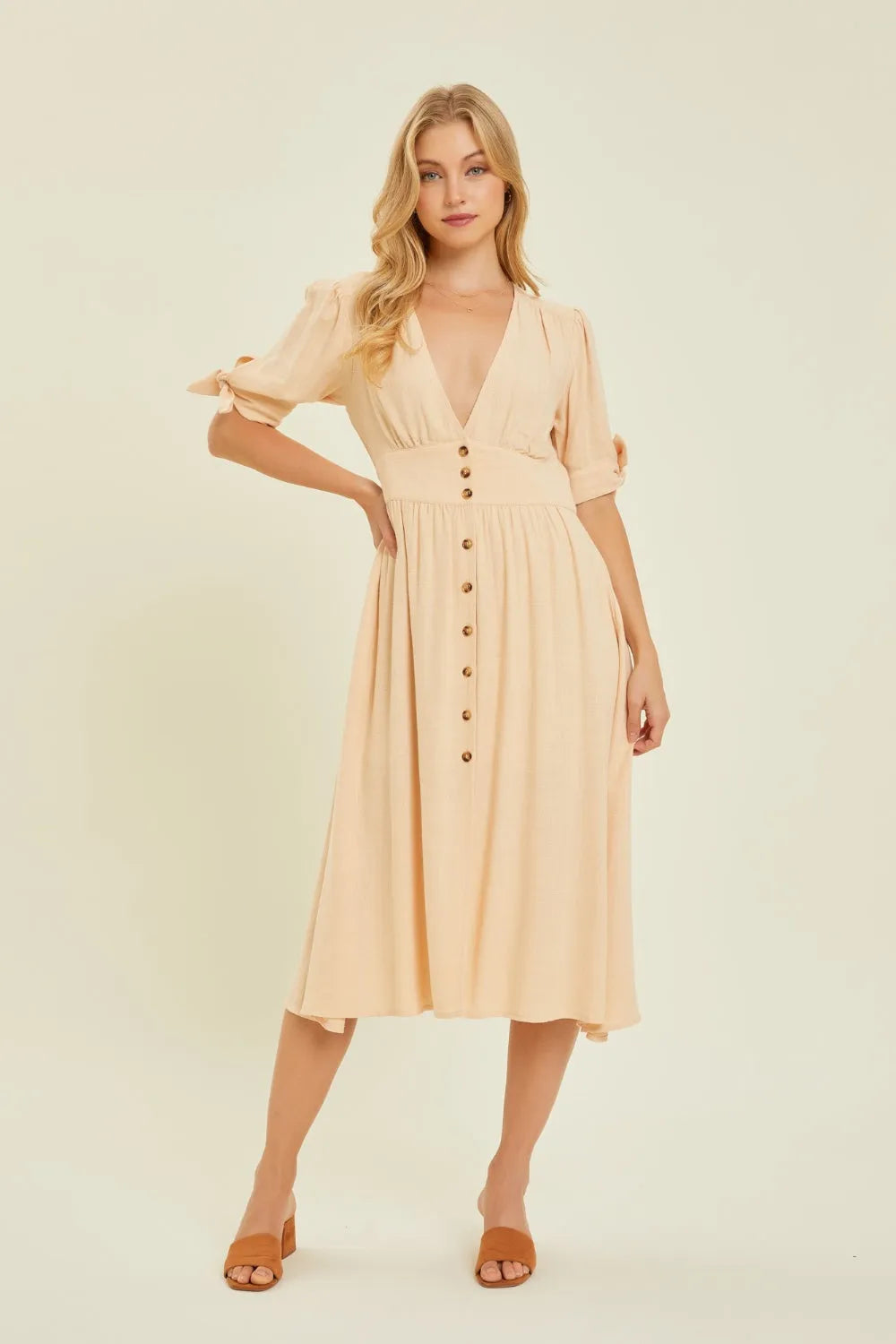 HEYSON Full Size Textured Linen V-Neck Button-Down Midi Dress Cream Casual Dresses - Tophatter Daily Deals