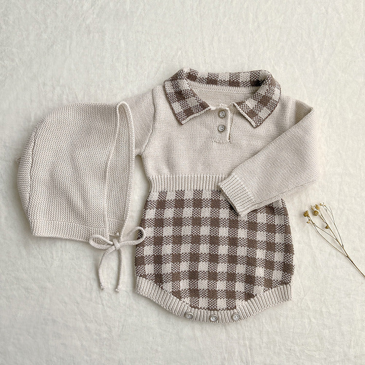 Baby Winter Checkerboard One-piece Newborn Winter Sweater Apricot1 0 - Tophatter Daily Deals