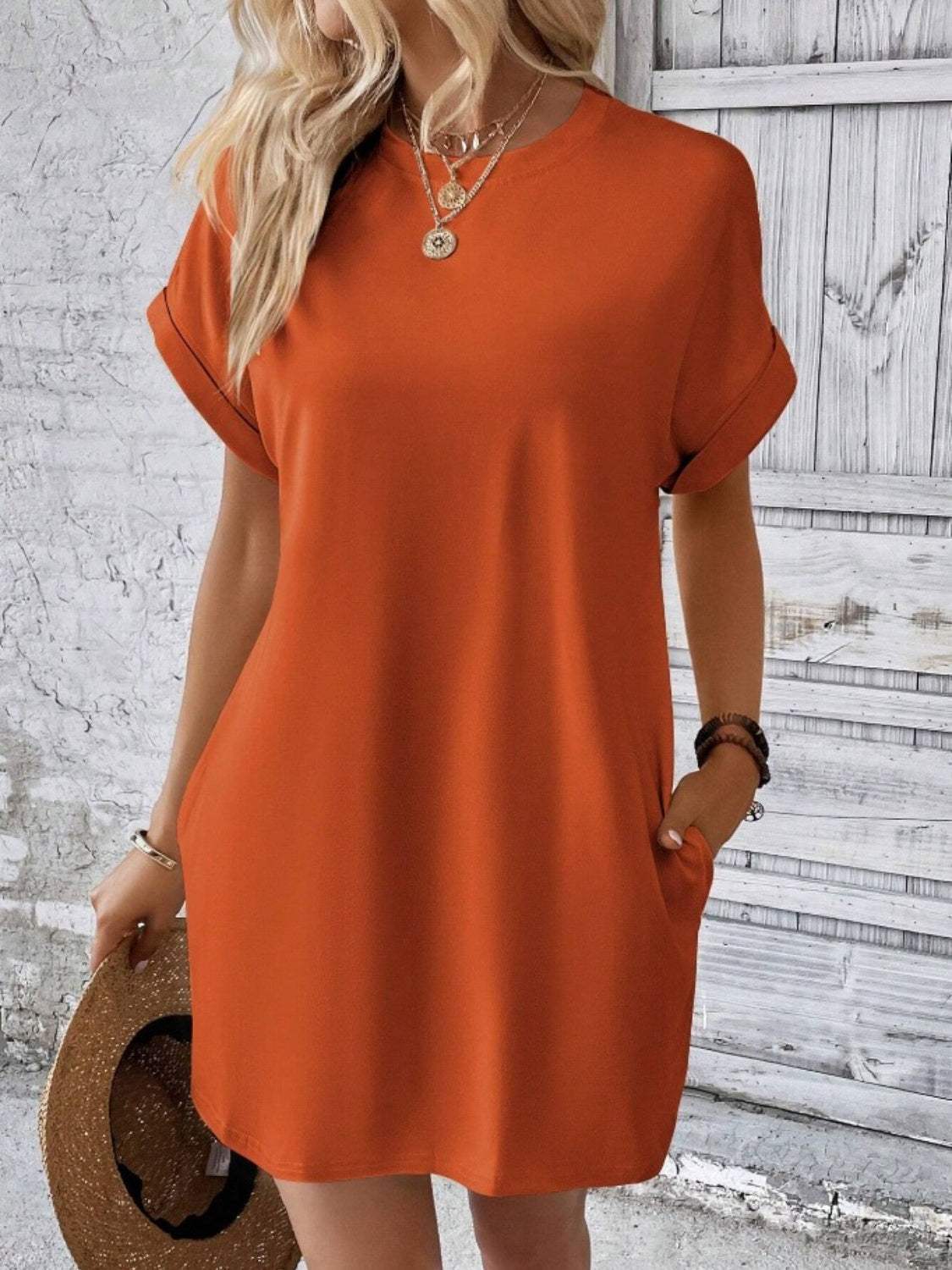 Pocketed Round Neck Short Sleeve Dress Red Orange Casual Dresses - Tophatter Daily Deals