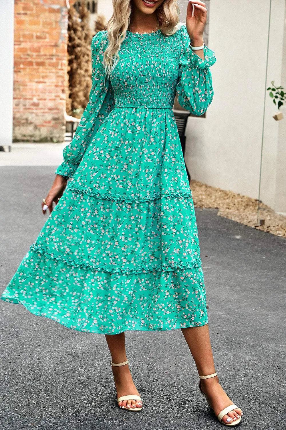Smocked Flounce Sleeve Midi Dress Casual Dresses - Tophatter Daily Deals