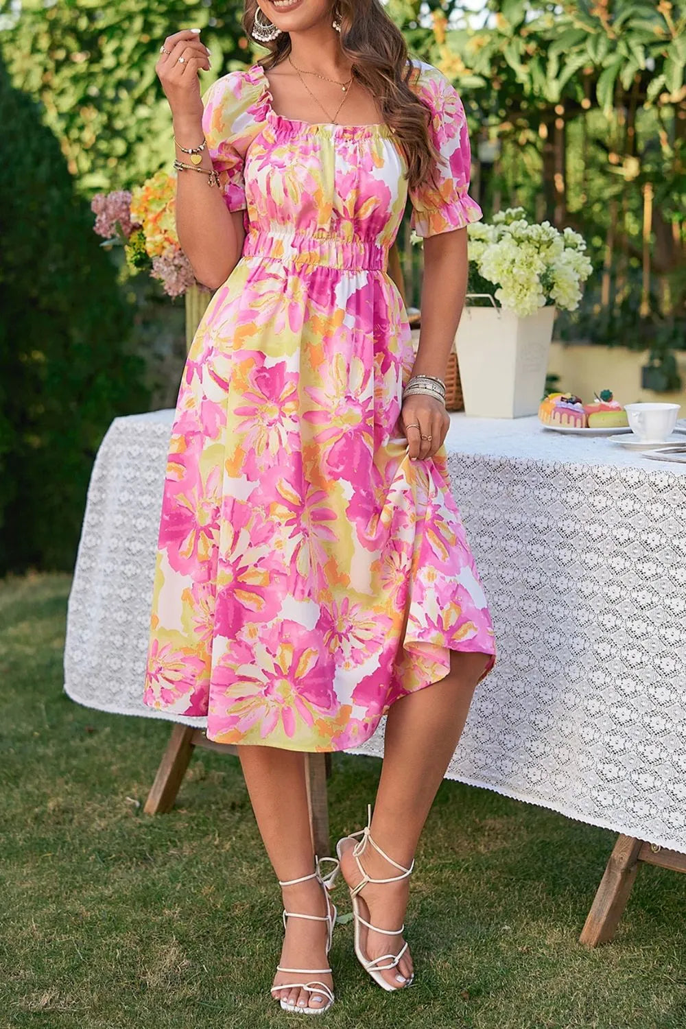 Floral Frill Trim Square Neck Dress Casual Dresses - Tophatter Daily Deals