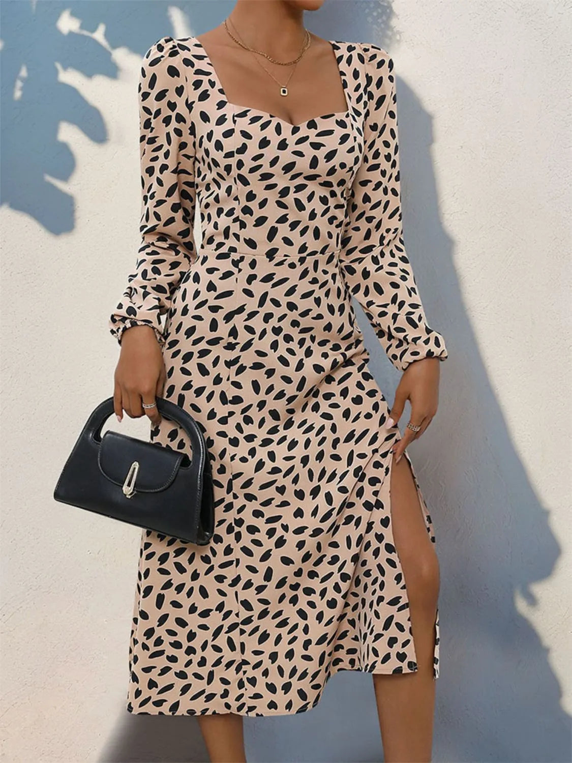 Tied Slit Printed Long Sleeve Midi Dress Dust Storm Casual Dresses - Tophatter Daily Deals