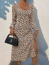 Tied Slit Printed Long Sleeve Midi Dress Dust Storm Casual Dresses - Tophatter Daily Deals
