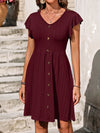 Decorative Button Ruffled V-Neck Dress Casual Dresses - Tophatter Daily Deals