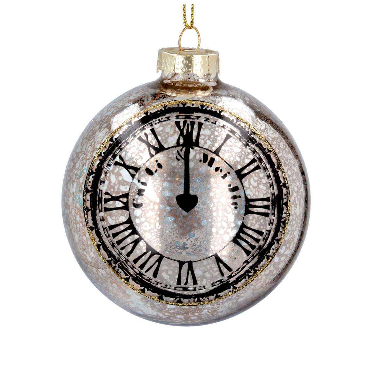Silver & Gold Clock Bauble | Mottled Glass Christmas Tree Hanging Ornament - 8cm Baubles - Tophatter Daily Deals
