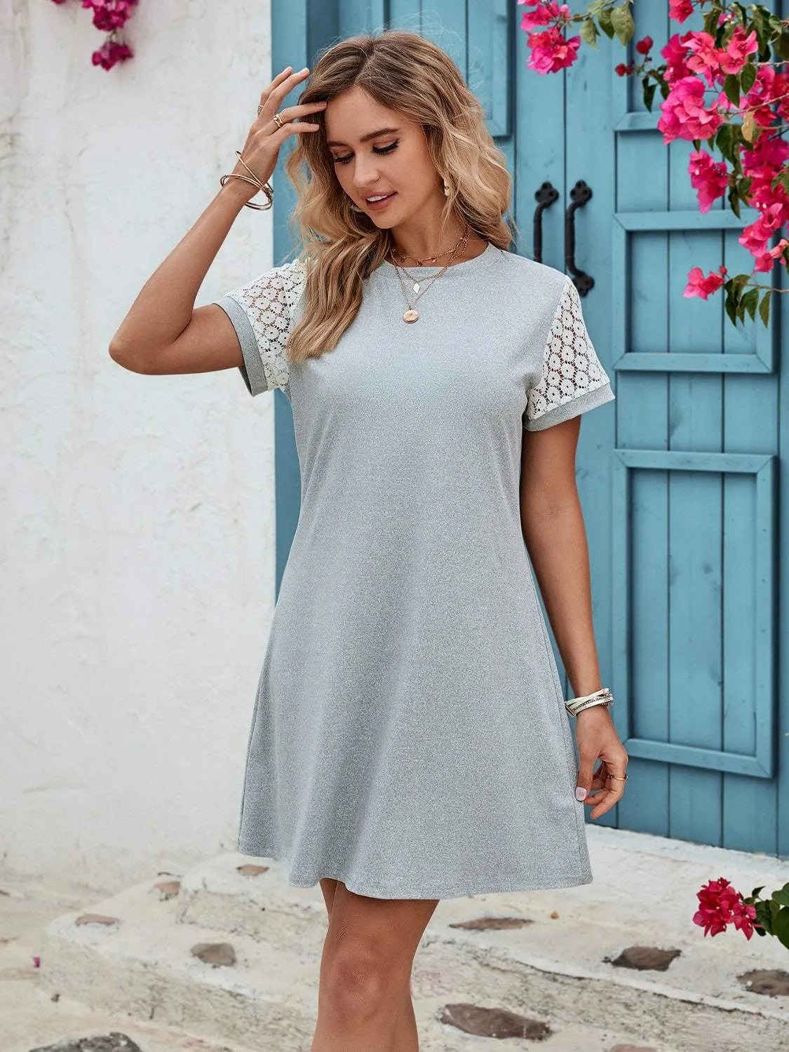 Openwork Round Neck Short Sleeve Dress Casual Dresses - Tophatter Daily Deals