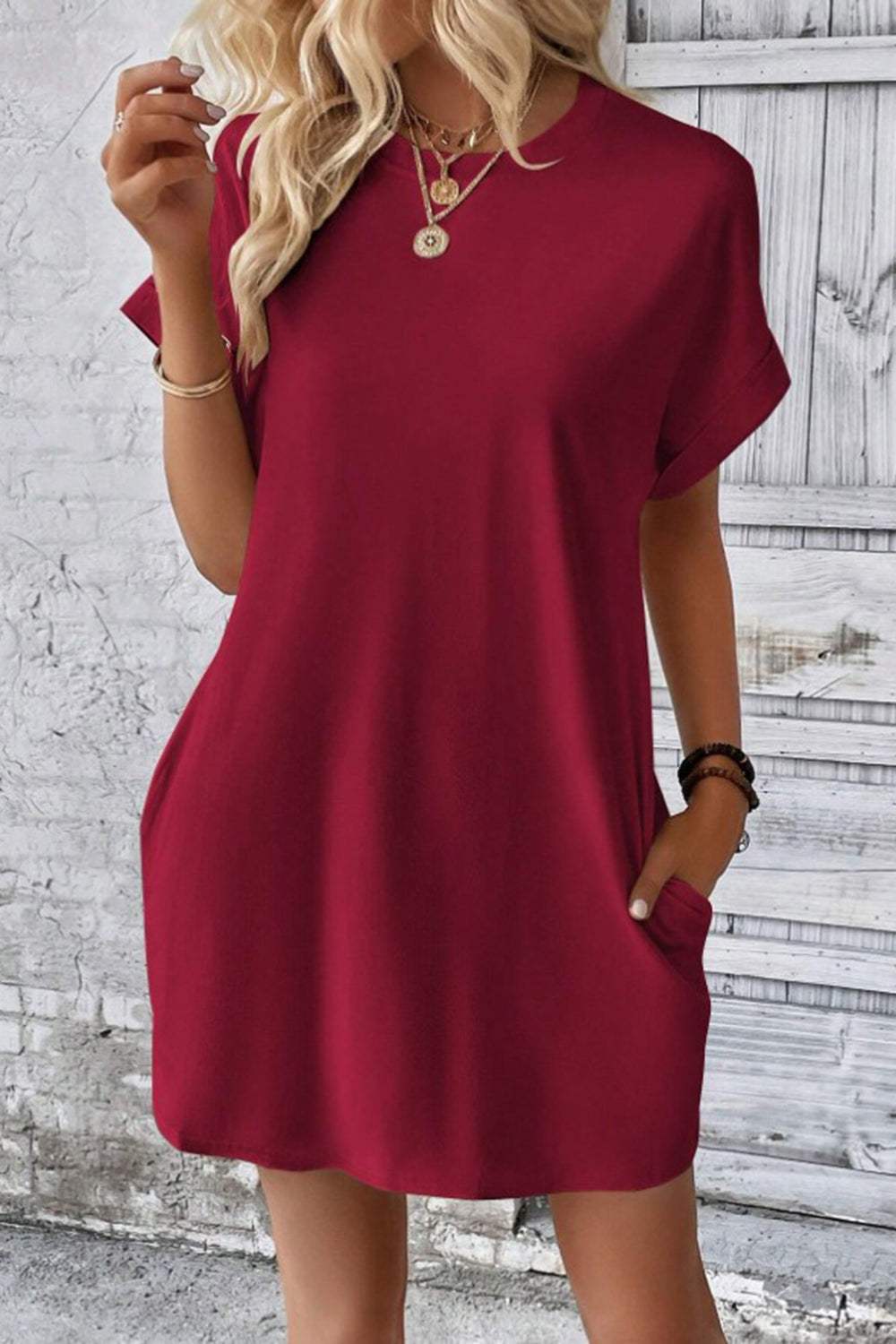 Pocketed Round Neck Short Sleeve Dress Casual Dresses - Tophatter Daily Deals