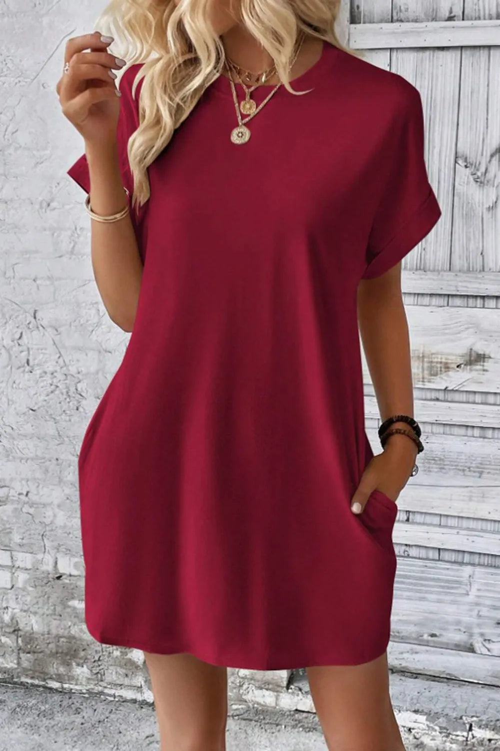 Pocketed Round Neck Short Sleeve Dress Wine Casual Dresses - Tophatter Daily Deals