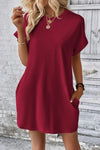 Pocketed Round Neck Short Sleeve Dress Wine Casual Dresses - Tophatter Daily Deals