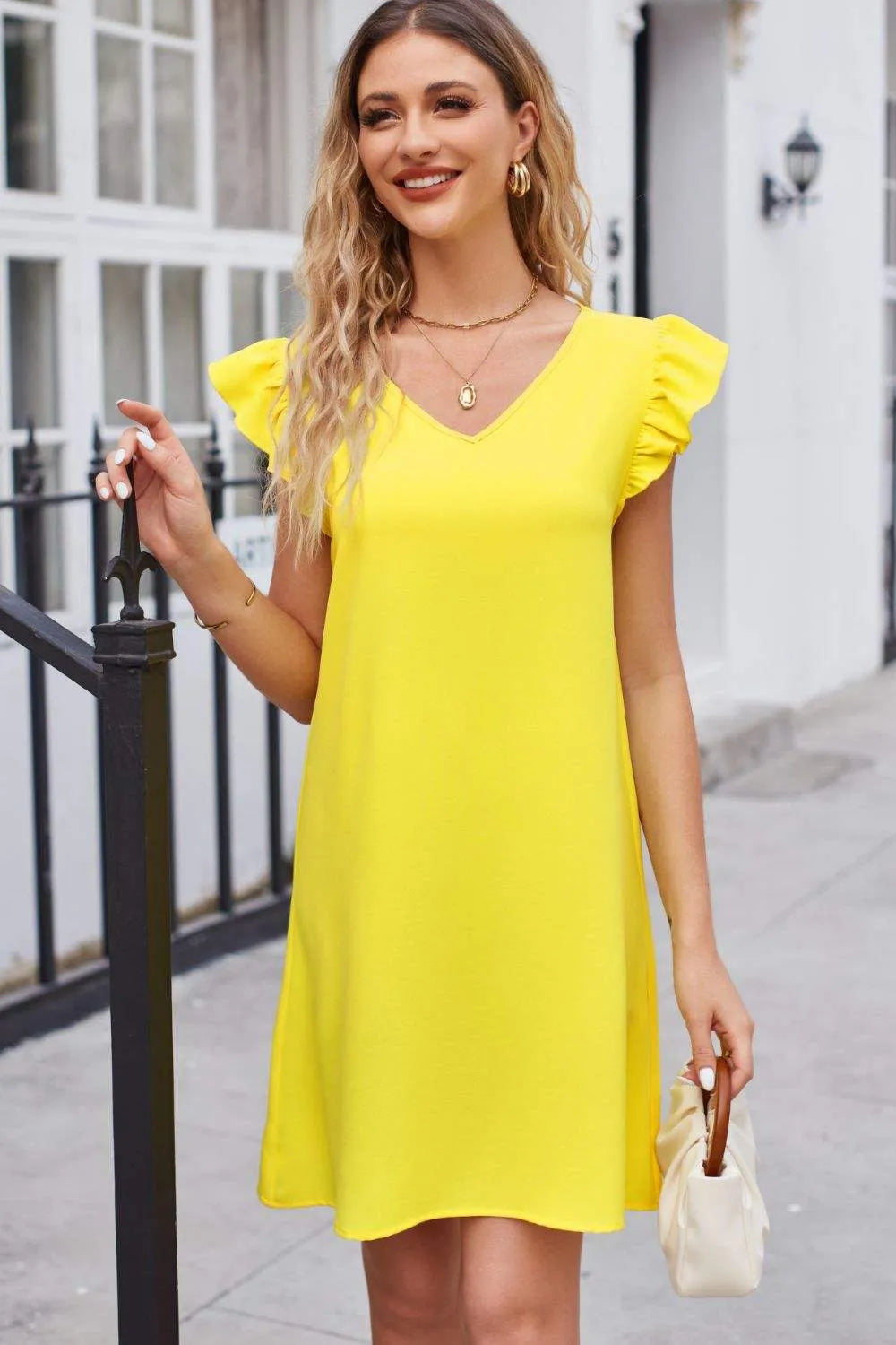 Ruffled V-Neck Flutter Sleeve Dress Casual Dresses - Tophatter Daily Deals