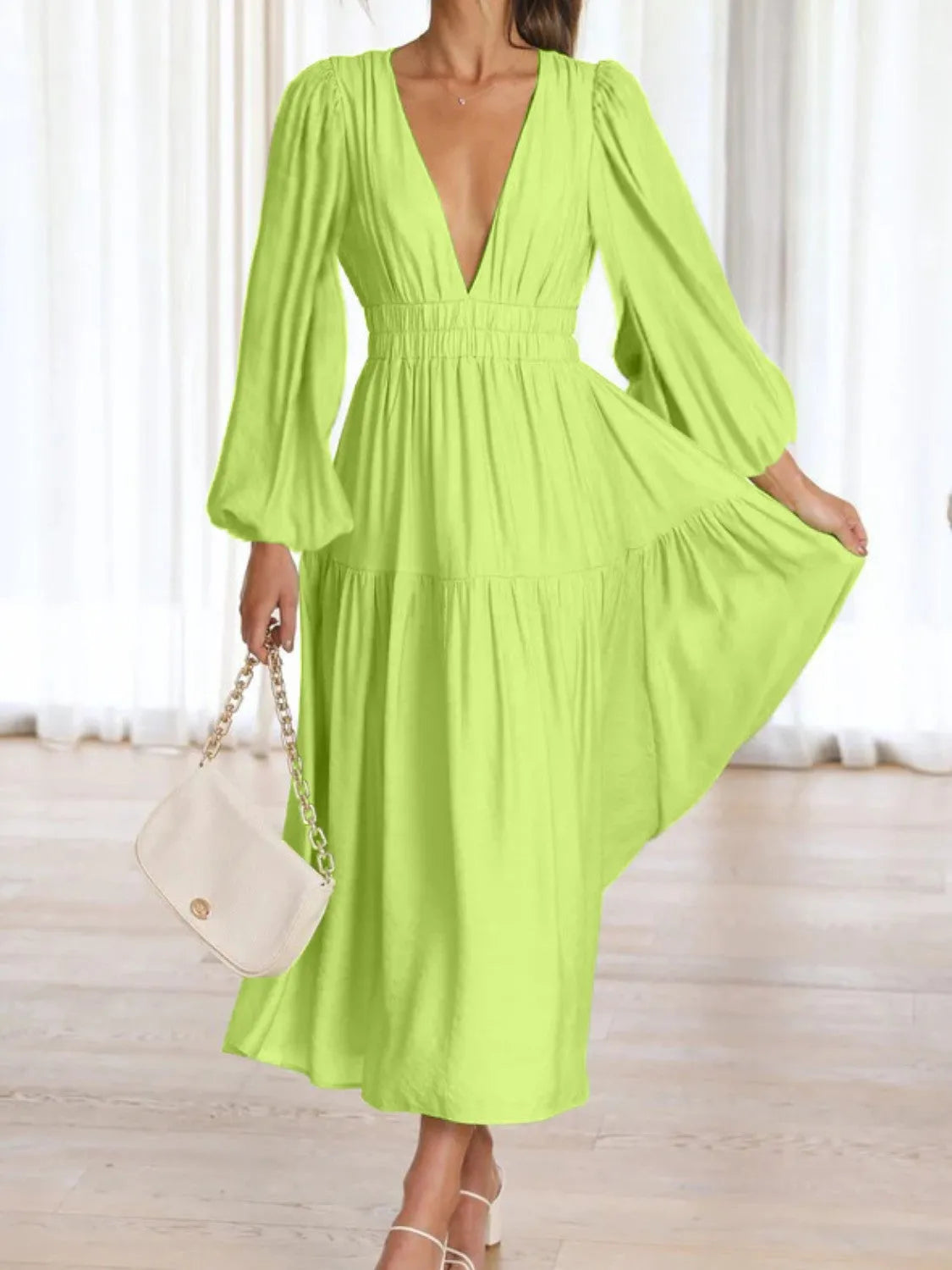 Deep V-Neck Balloon Sleeve Plain Maxi Dress Casual Dresses - Tophatter Daily Deals