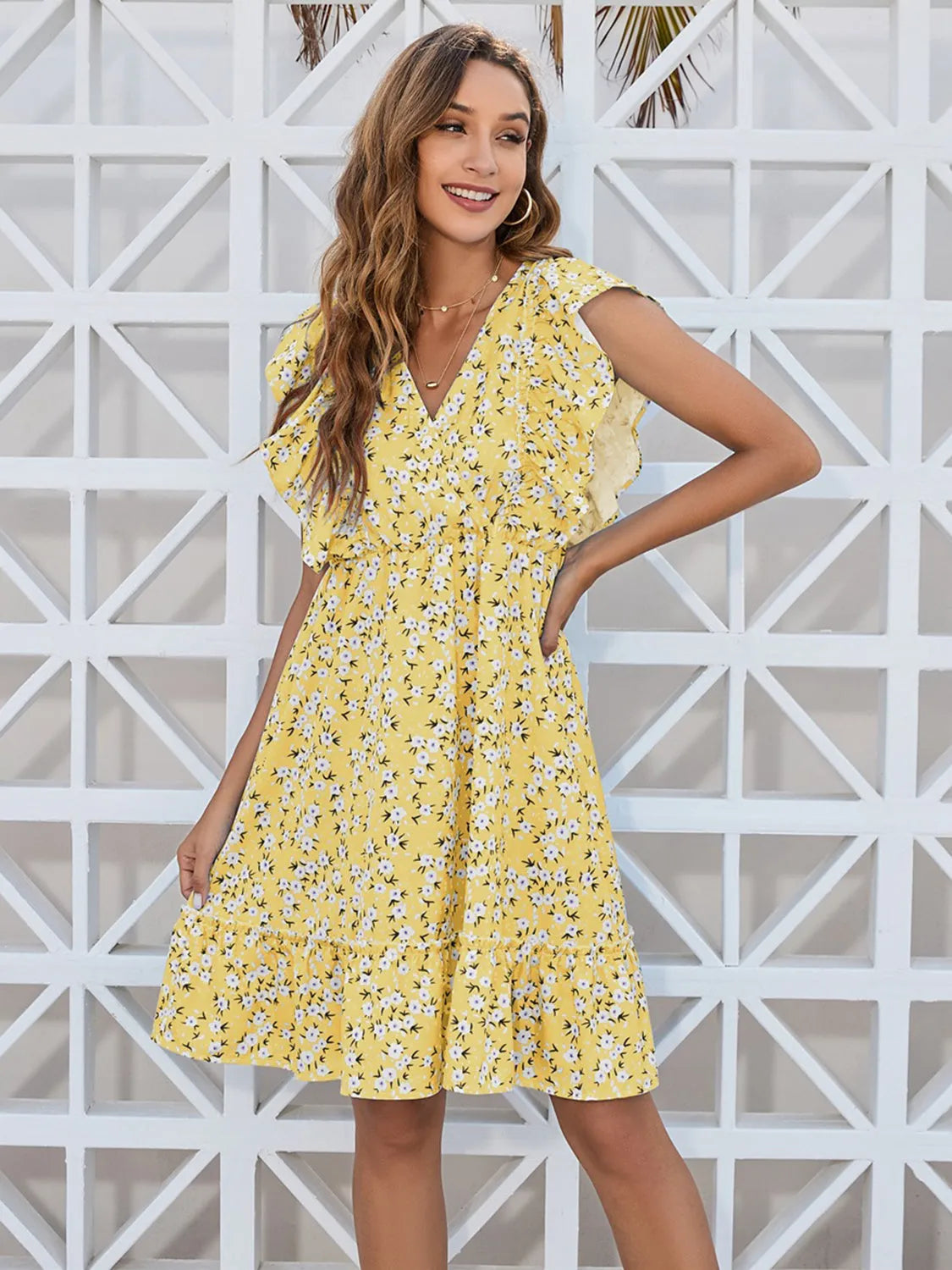 Ruffled Ditsy Floral Surplice Mini Dress Pastel Yellow Casual Dresses - Tophatter Daily Deals