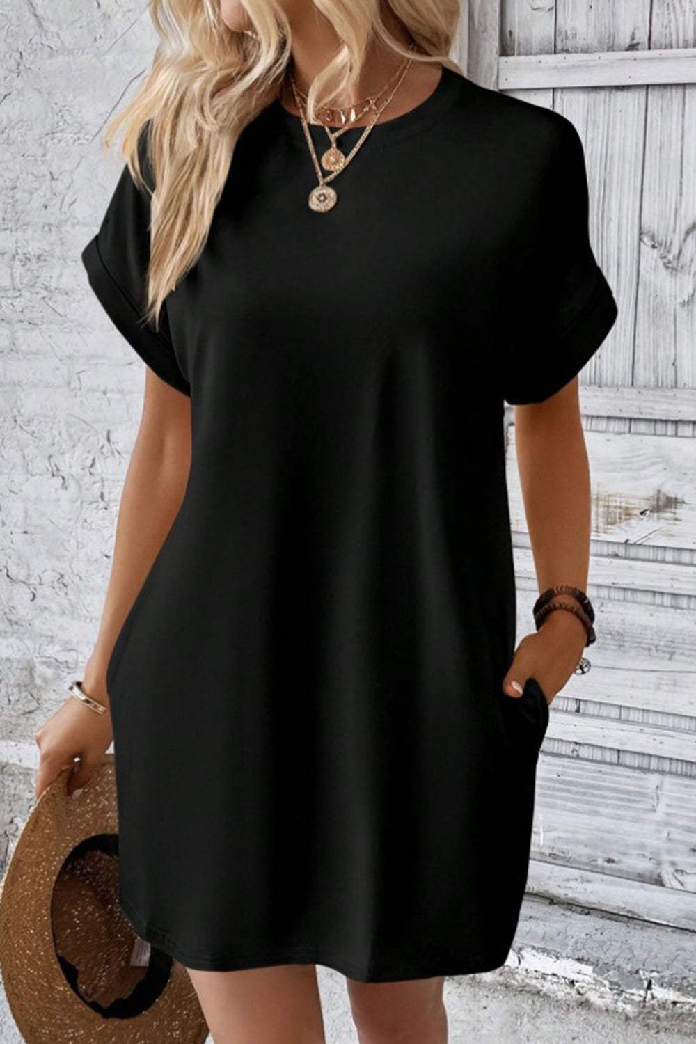 Pocketed Round Neck Short Sleeve Dress Casual Dresses - Tophatter Daily Deals