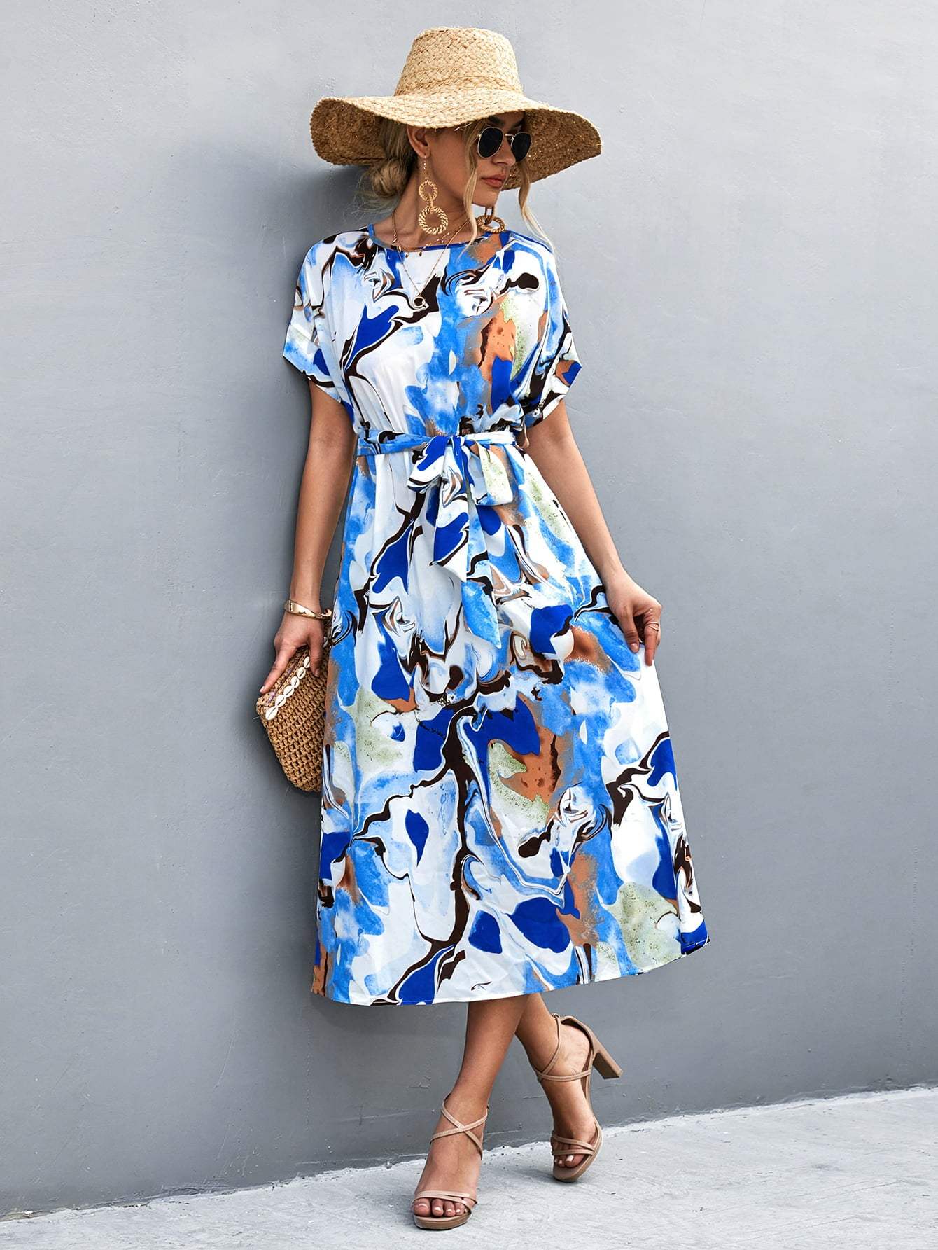 Round Neck Short Sleeve Tie Waist Midi Dress Casual Dresses - Tophatter Daily Deals