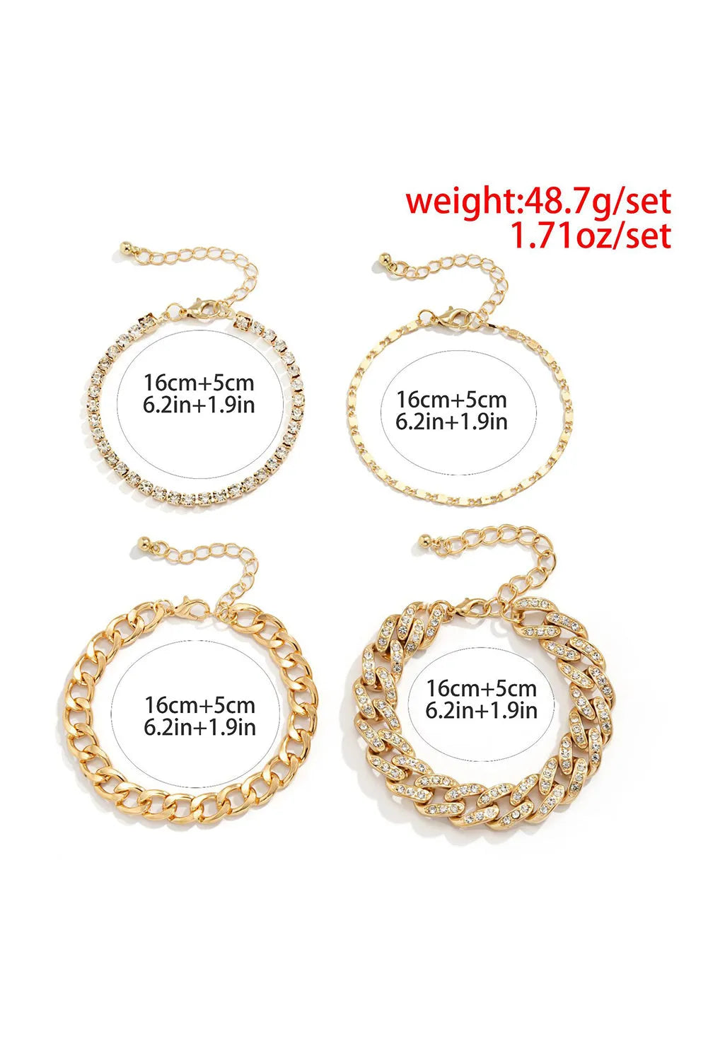 Gold 4pcs Rhinestone Decor Adjustable Chain Bracelet Set Bracelets - Tophatter Daily Deals