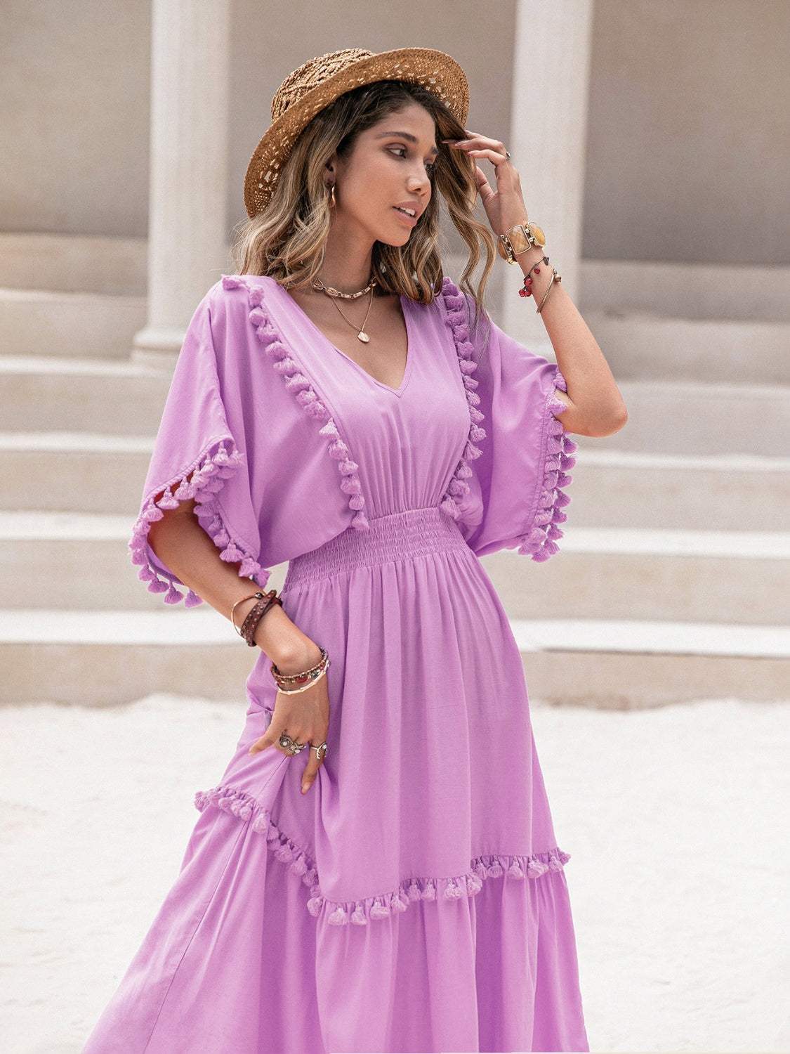 Tassel Trim Smocked V-Neck Short Sleeve Dress Heliotrope Purple Casual Dresses - Tophatter Daily Deals