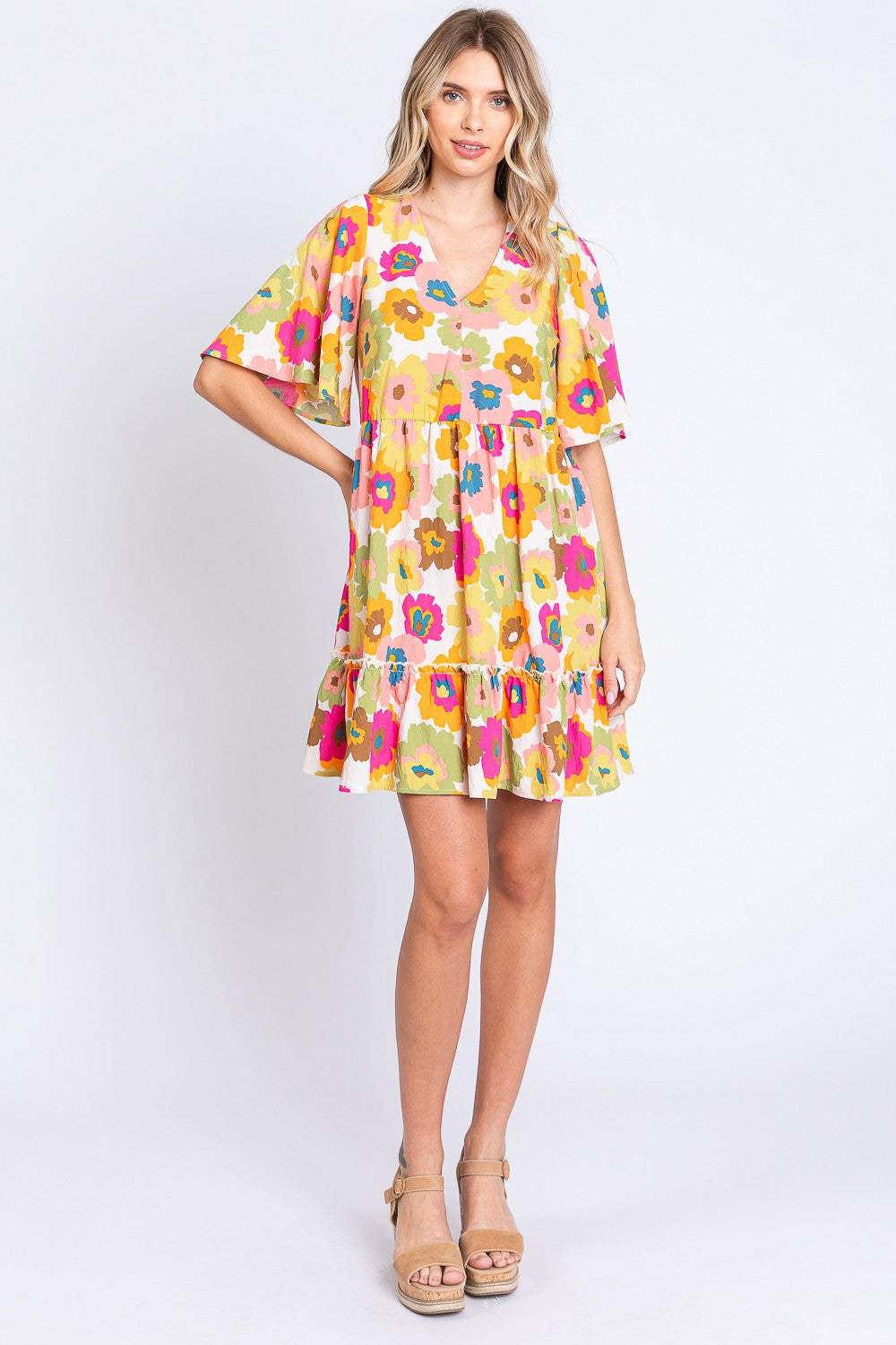 GeeGee Floral V-Neck Ruffle Hem Mini Dress Casual Dresses - Tophatter Daily Deals