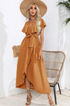 Ruffled Tied V-Neck Midi Dress Ochre Casual Dresses - Tophatter Daily Deals